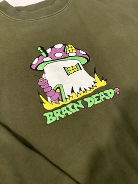 Brain Dead Olive Green Crewneck Sweatshirt with Logo Tag